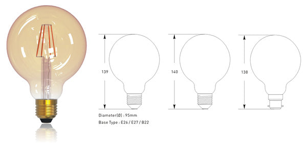 LED G125 E26/E27 6W STANDARD Hand Crafted Smooth Glass 2200K Warm 550 Lumans