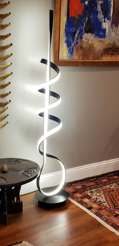 LED Spiral Floor Lamp – Black Base with Black Spiral back on LED – Dimmable (Height 64.5”) Watts: 56W CRI>70 Light: 3000K, 4000K, 5000K Controlled with Remote or floor switch